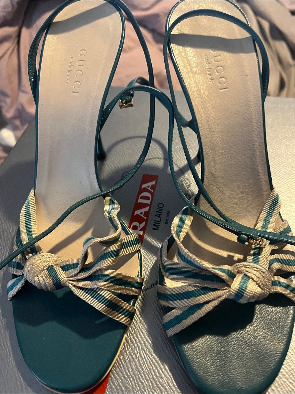 Gucci Teal Striped Knot Slingback Heels